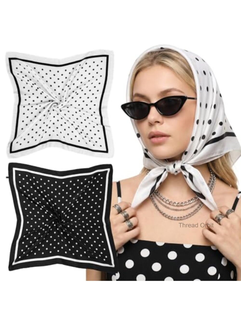 2pc Imitation Silk Polka Dot Square Scarf Bandana Headscarf for Women
